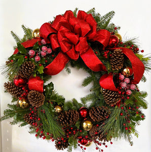 Wreath Hand Decorated 24in Crimson Elegance