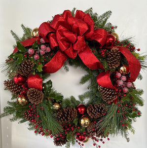 Wreath Hand Decorated 32in Crimson Elegance